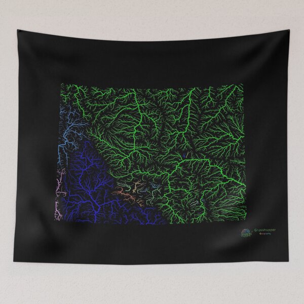 Item preview, Wyoming River Basin Map in Rainbow Colours with Black Background designed and sold by GrasshopperGeo.