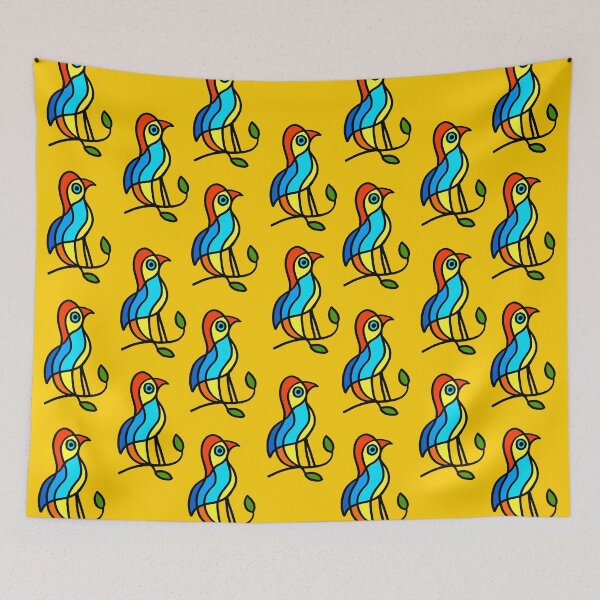 Item preview, Color Birds on a Twigs on Orange Board "Paper Drawings/Paintings" designed and sold by Istvan Ocztos.