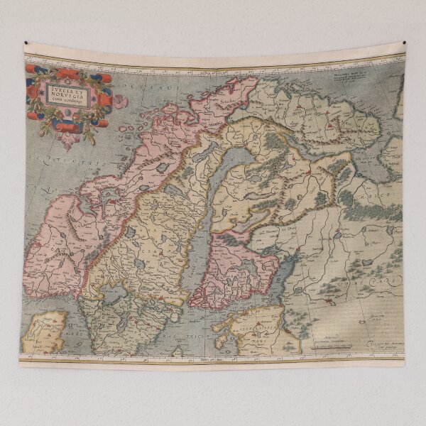 Item preview, Old Scandinavia Map (1623) Vintage Norway and Sweden Atlas designed and sold by BravuraMedia.