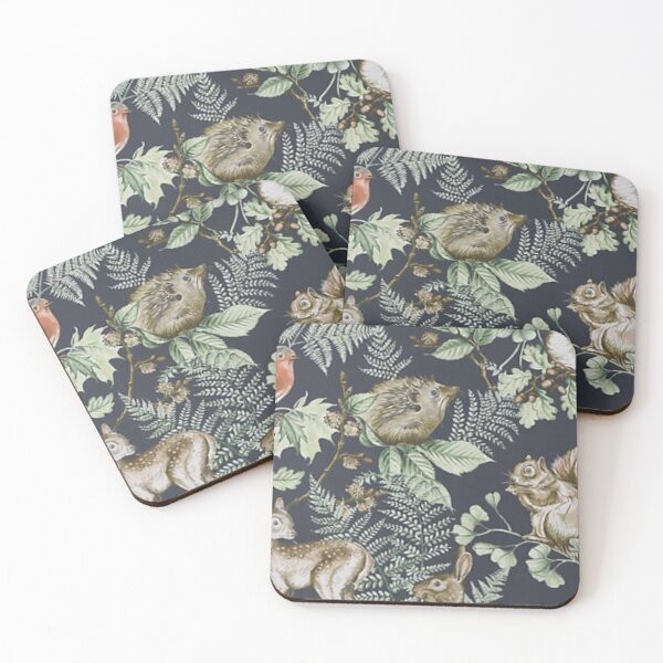 Item preview, Navy Woodland animals with Leaves Squirrel Robin Bird Hedgehog Deer Rabbit - Green Foliage Leaves designed and sold by WearWolfDesigns.
