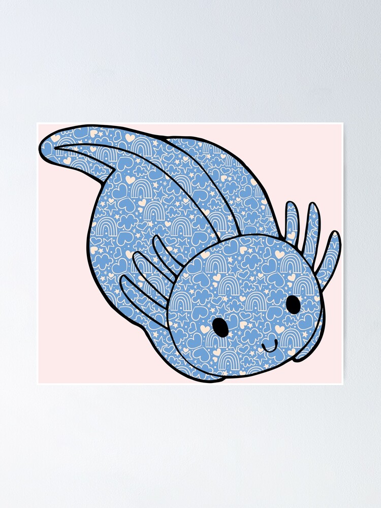 Cute Kawaii Baby Chibi Axolotl In Pastel Blue And Pink Heart And Rainbow Pattern Poster For Sale By Inkmemories Redbubble