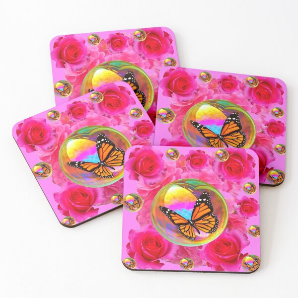Item preview, FUCHSIA ROSES GOLDEN SOAP BUBBLES MONARCH BUTTERFLY PINK ART designed and sold by sharlesart.