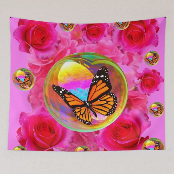 Item preview, FUCHSIA ROSES GOLDEN SOAP BUBBLES MONARCH BUTTERFLY PINK ART designed and sold by sharlesart.