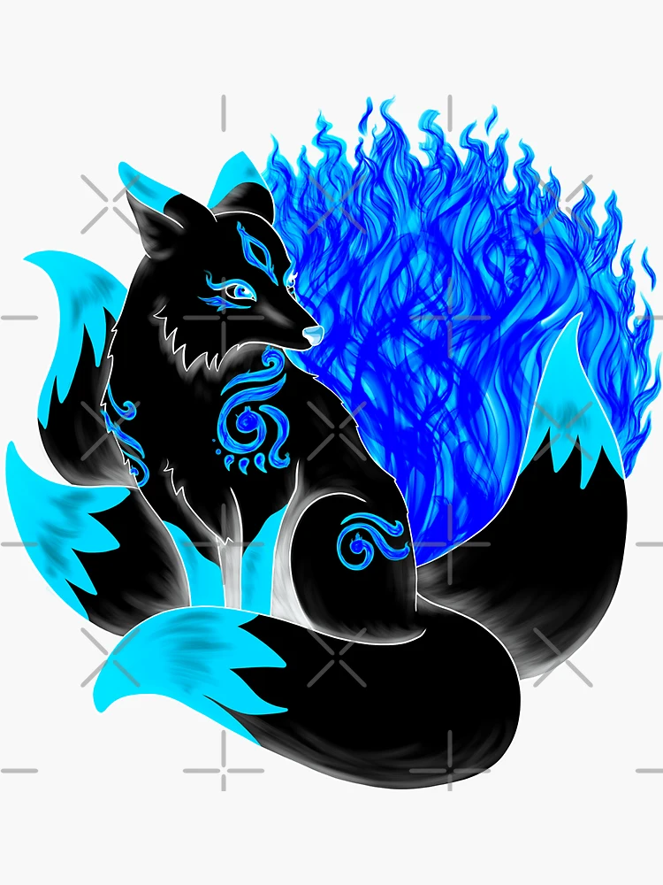 Inverted Black Kitsune Fox with Dark Blue Foxfire