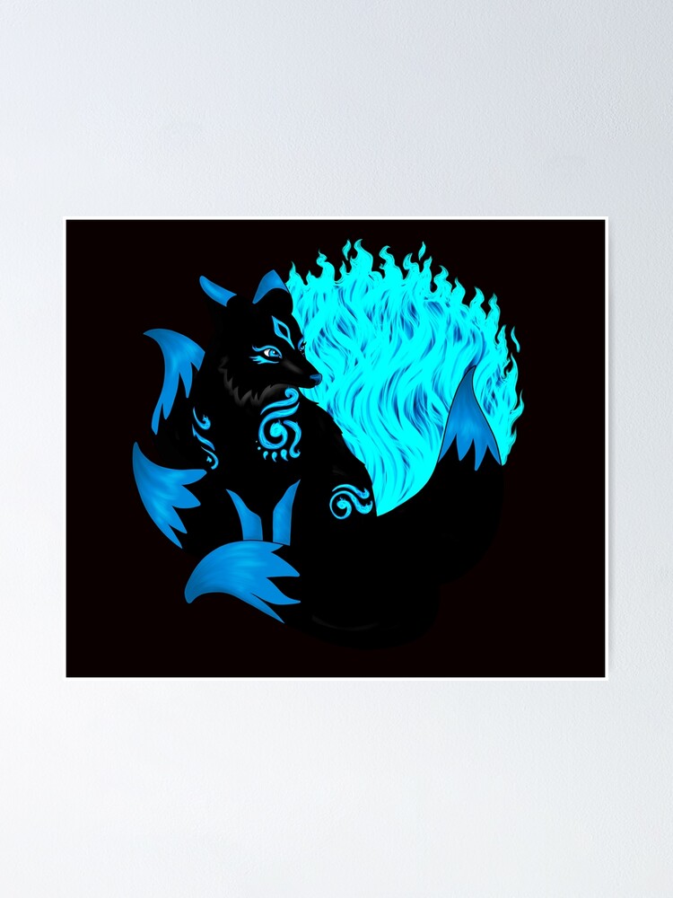 Black Kitsune Fox with Aqua Blue Foxfire
