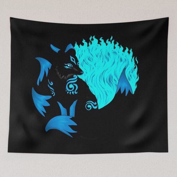 Item preview, Black Kitsune Fox with Aqua Blue Foxfire designed and sold by Lady-Lilac.