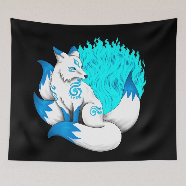Item preview, White Kitsune Fox with Aqua Blue Foxfire designed and sold by Lady-Lilac.