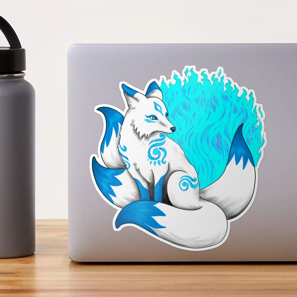 White Kitsune Fox with Aqua Blue Foxfire Sticker for Sale by Lady-Lilac