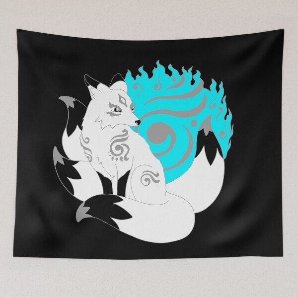 Item preview, Simple Silver White Kitsune Fox with Aqua Blue Foxfire designed and sold by Lady-Lilac.