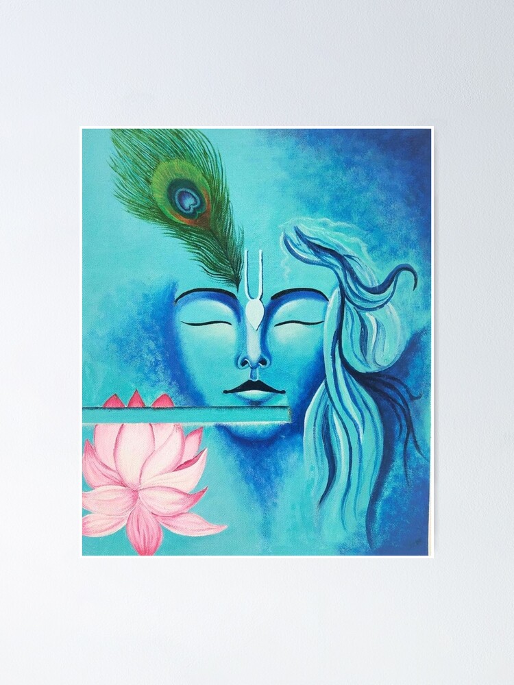 Lord Krishna Blue Abstract Painting with Lotus Flute and Peacock Feather Poster