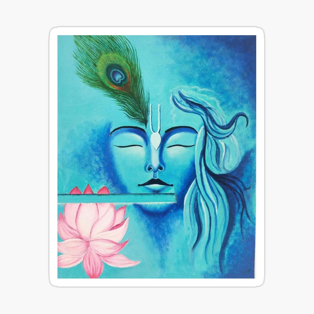 Lord Krishna Blue Abstract Painting with Lotus Flute and Peacock ...