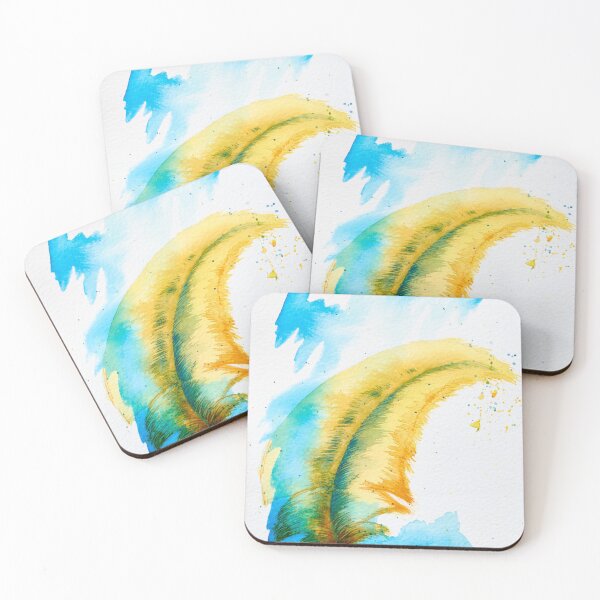 Item preview, Orange watercolor feather with blue swaying in the wind  designed and sold by Gainor Andrews.
