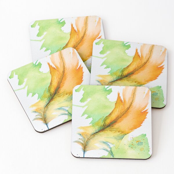 Item preview, Yellow and orange watercolor feather with green swaying in the wind  designed and sold by Gainor Andrews.