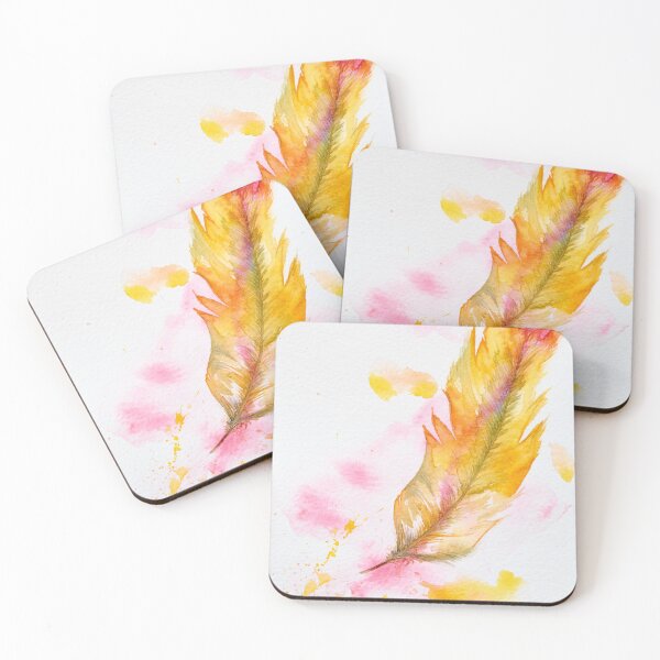 Item preview, Yellow orange watercolor feather with pink swaying in the wind  designed and sold by Gainor Andrews.
