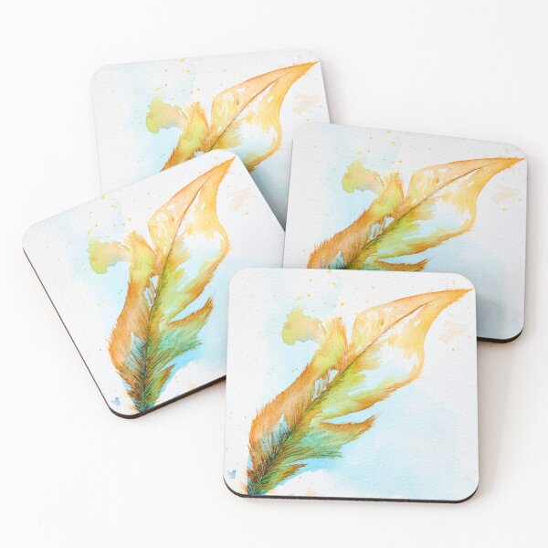 Item preview, Orange and yellow watercolor feather with blue swaying in the wind  designed and sold by Gainor Andrews.