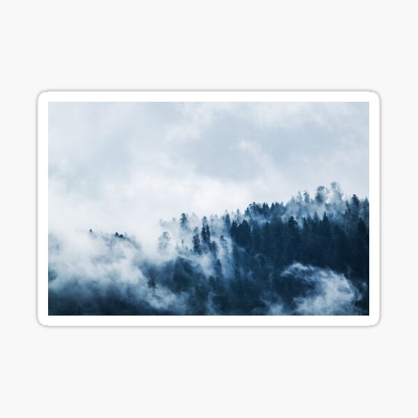 Vista previa del artículo con la obra «Pinos verdes cubiertos de niebla durante el día - Gráfico estético de cielo blanco», diseñado y vendido por cypher33.