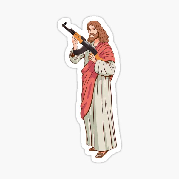 Vista previa del artículo con la obra «Jesús con el rifle de asalto Ak47 explorando», diseñado y vendido por barbadian1983.