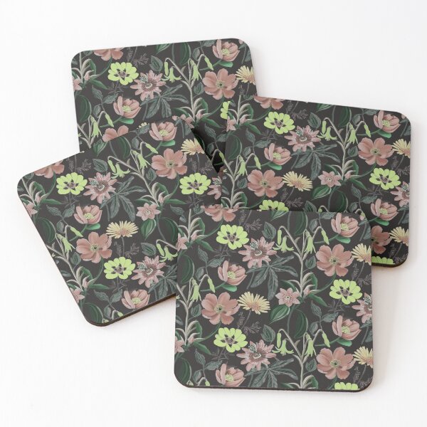Black Floral Seamless Pattern Coasters (Set of 4)