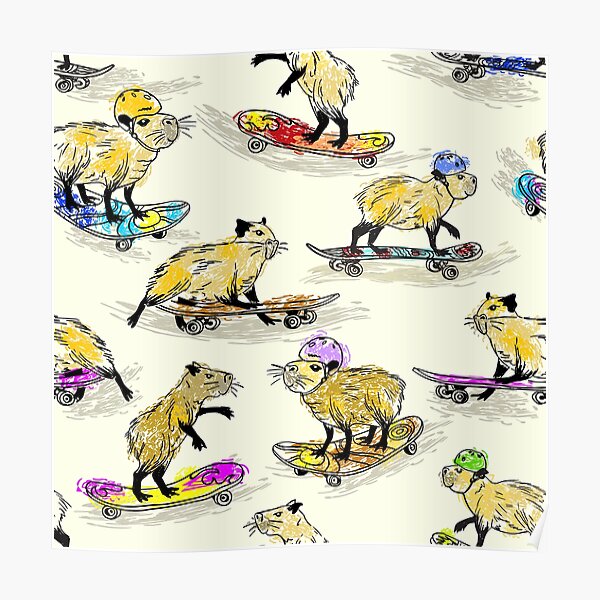 Funny capybaras on a skateboard. Sports hobby of cute animals. Poster