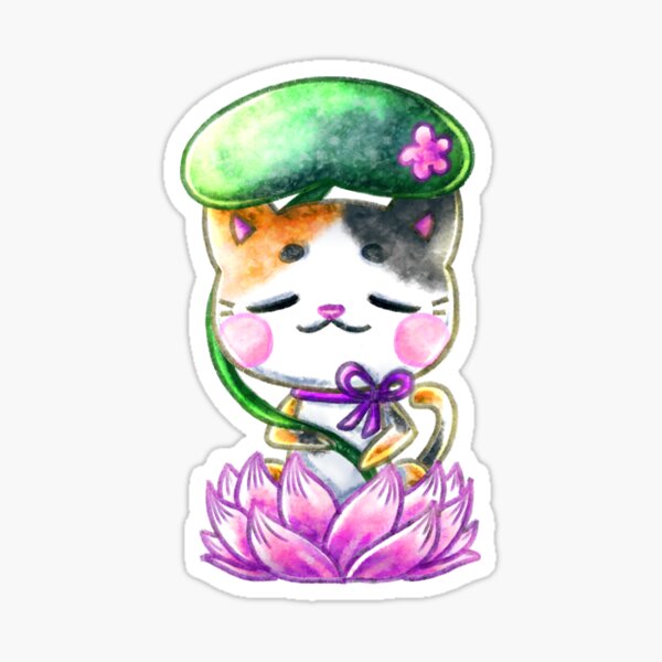 Chat lotus nénuphar kawaii mignon japon asie zen blanc Saya's Art Sticker