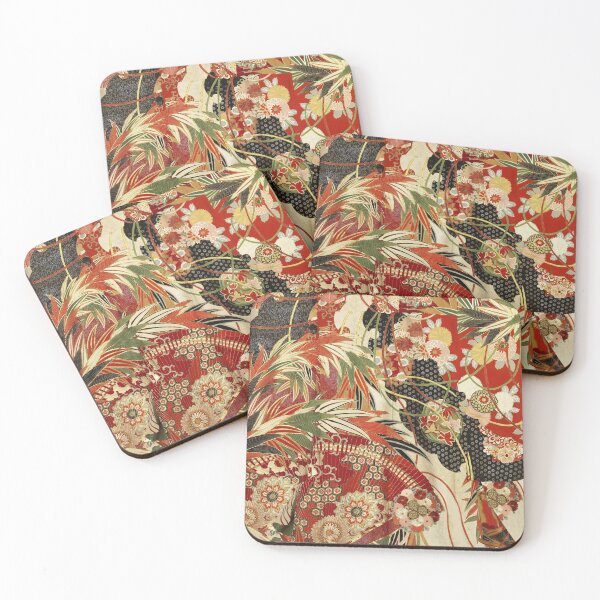 Item preview, ANTIQUE JAPANESE FLOWERS Red Green Ivory Black Kimono Style Floral designed and sold by BulganLumini.