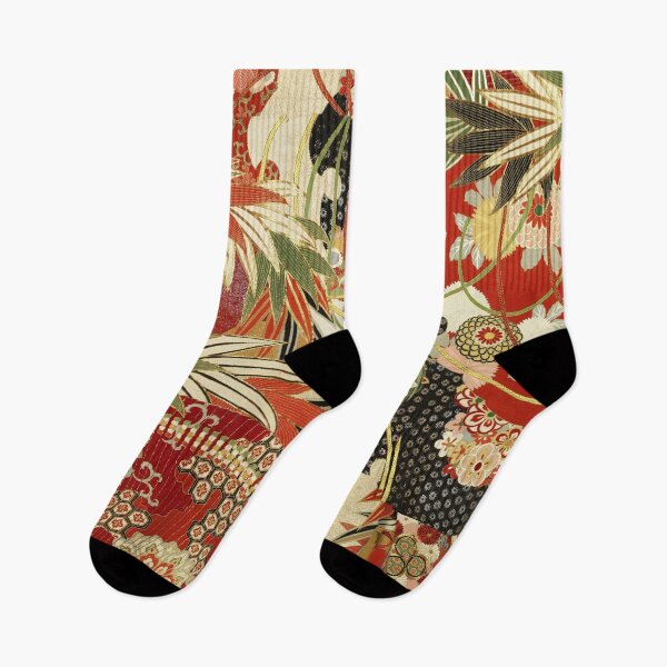 Item preview, ANTIQUE JAPANESE FLOWERS Red Green Ivory Black Kimono Style Floral designed and sold by BulganLumini.