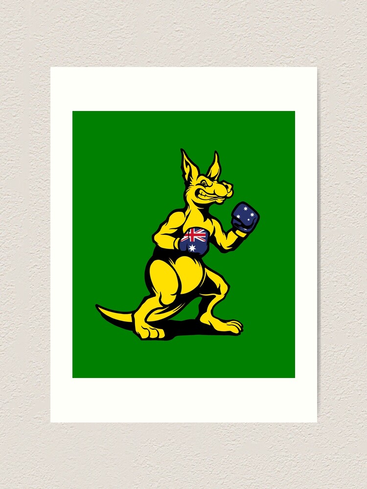 "Boxing Kangaroo, Australian Boxing Kangaroo, Green and Gold" Art Print