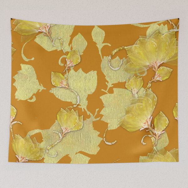 Item preview, golden shadows, smoky flowers, on mustard, seamless pattern designed and sold by Maria Mihailova.