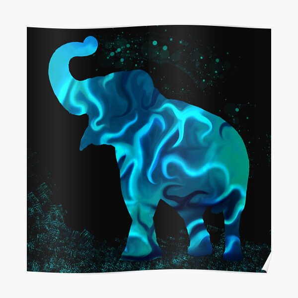 Elephant silhouette (blue flames) Poster