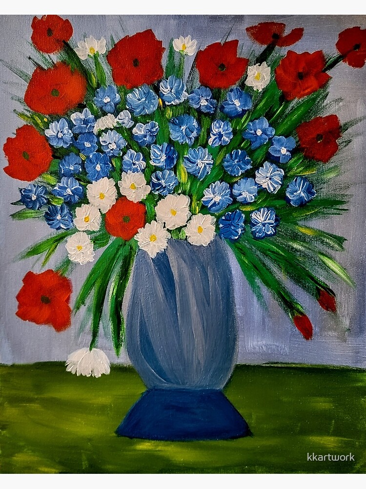 cornflowers and poppies and daisy in a silver blue vase . by kkartwork