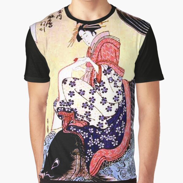 Japanese Edo ukiyo-e woodblock print: Kinko Riding Catfish by Kitagawa Utamaro Graphic T-Shirt