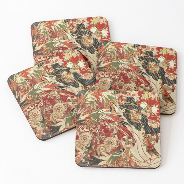 Item preview, ANTIQUE JAPANESE FLOWERS Red Green Ivory Black Kimono Floral Motifs designed and sold by BulganLumini.