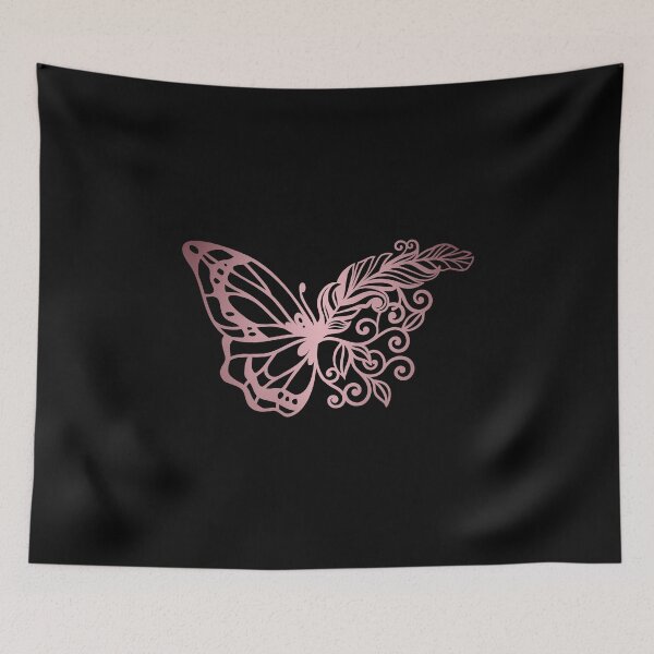 Item preview, Butterfly floral feather art in metallic rustic pink | Butterfly art- Black background designed and sold by Violet Treasures.