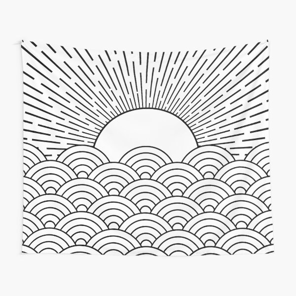 Item preview, Black and white abstract sunset with Seigaiha waves designed and sold by BattaAnastasia.