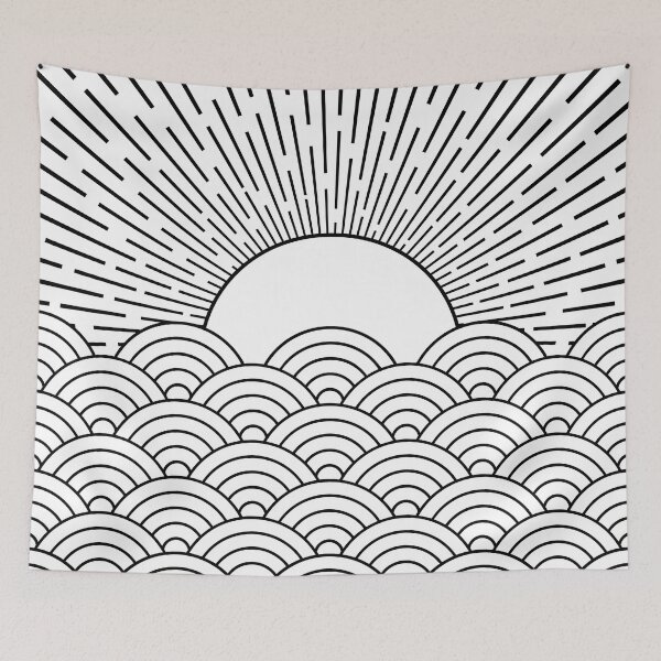 Item preview, Black and white abstract sunset with Seigaiha waves designed and sold by BattaAnastasia.