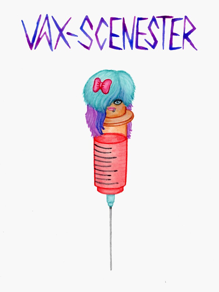 Thumbnail 3 of 3, Sticker, Vax-Scenester - Emo Vaccine Pun designed and sold by StephVonAwesome.