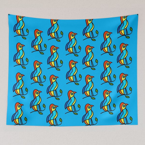 Item preview, Color Birds on a Twigs on Blue Board "Paper Drawings/Paintings"  designed and sold by Istvan Ocztos.
