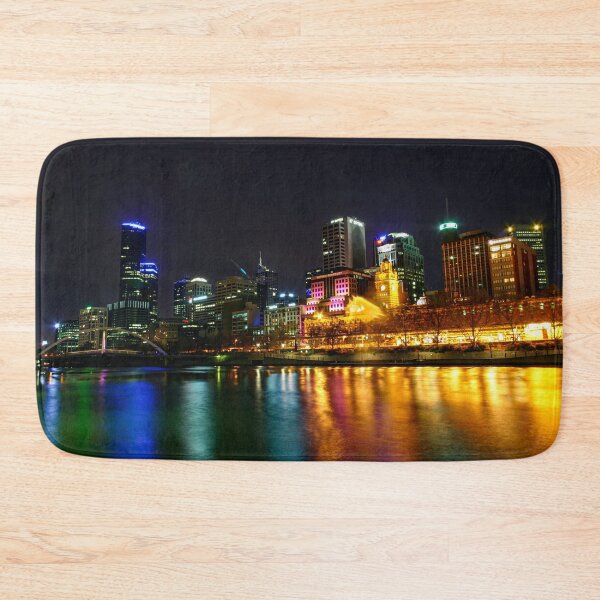 Item preview, Colourful waterfront of Melbourne City and Flinders street station historic building with lights reflecting off the water designed and sold by James-Cole.