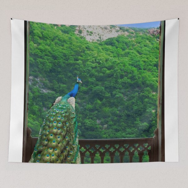 Item preview, Peacock perched on an old wooden window overlooking the hills designed and sold by VeenaNair23.