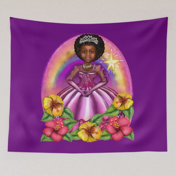 Item preview, Black Afro Princess in purple with flowers and rainbow i ! beautiful  black girl with Afro hair, brown eyes and dark brown skin. Hair love ! designed and sold by Artonmytee.