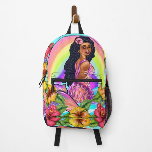 Item preview, Mermaid with rainbow, hibiscus flowers, outstretched  arm, brown eyes, Curly hair  and caramel brown skin - light background designed and sold by Artonmytee.