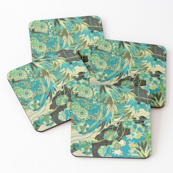 Item preview, ANTIQUE JAPANESE FLOWERS Teal Blue Green White Black Kimono Floral Motifs designed and sold by BulganLumini.