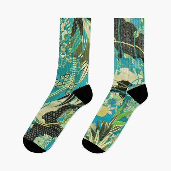 Item preview, ANTIQUE JAPANESE FLOWERS Teal Blue Green White Black Kimono Floral Motifs designed and sold by BulganLumini.