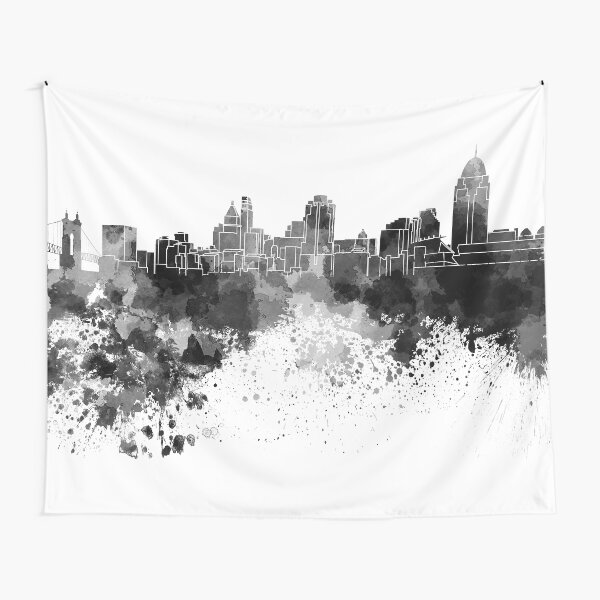 Cincinnati skyline in black watercolor Tapestry