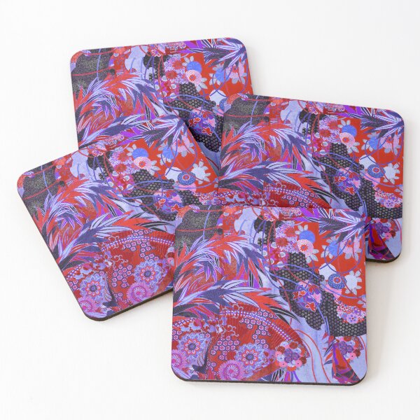 Item preview, ANTIQUE JAPANESE FLOWERS Red Teal Blue Black Kimono Style Floral designed and sold by BulganLumini.