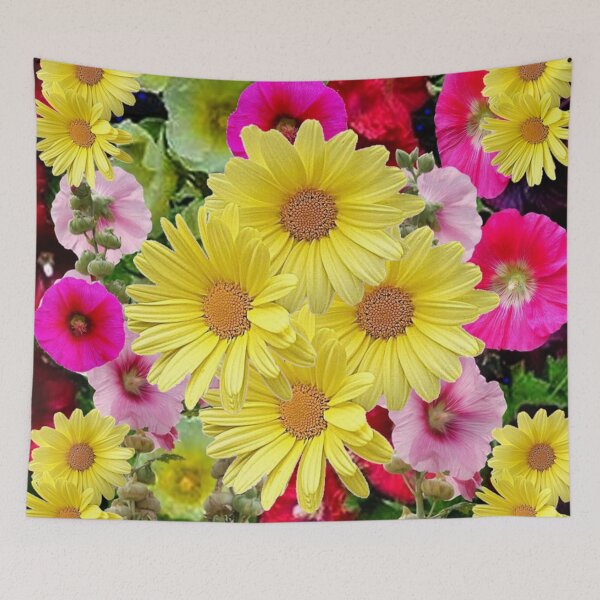Item preview, YELLOW DAISYS HOLLYHOCKS GARDEN ABSTRACT ART designed and sold by sharlesart.