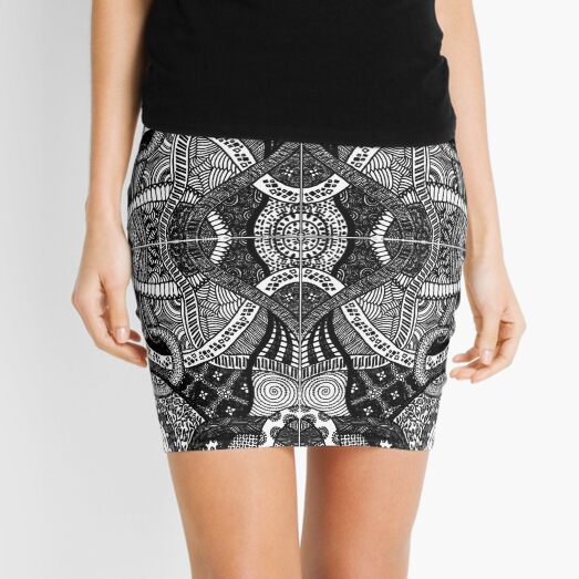 Loops - Black & White Abstract Zentangle Lineart Mini Skirt