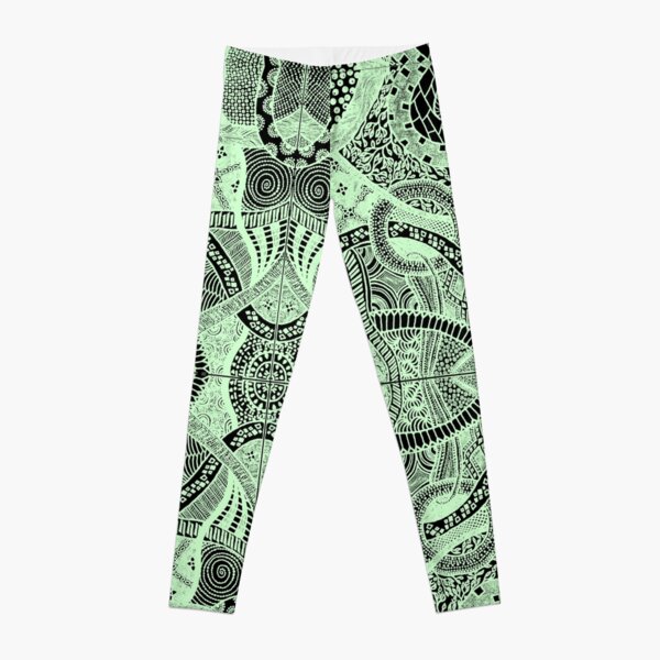 Green Loops Over Black Abstract Hyperdetailed Zentangle Pattern Leggings