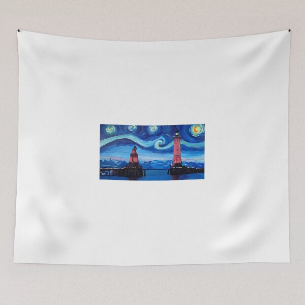 Item preview, Starry Night in Lindau with Lion and Light Tower on Lake Constance designed and sold by artshop77.