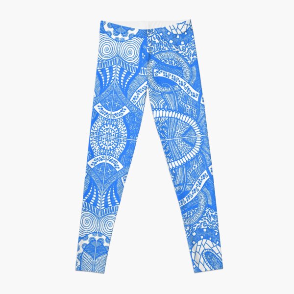 Blue Loops - Abstract Lineart Zentangle Seamless Pattern Leggings